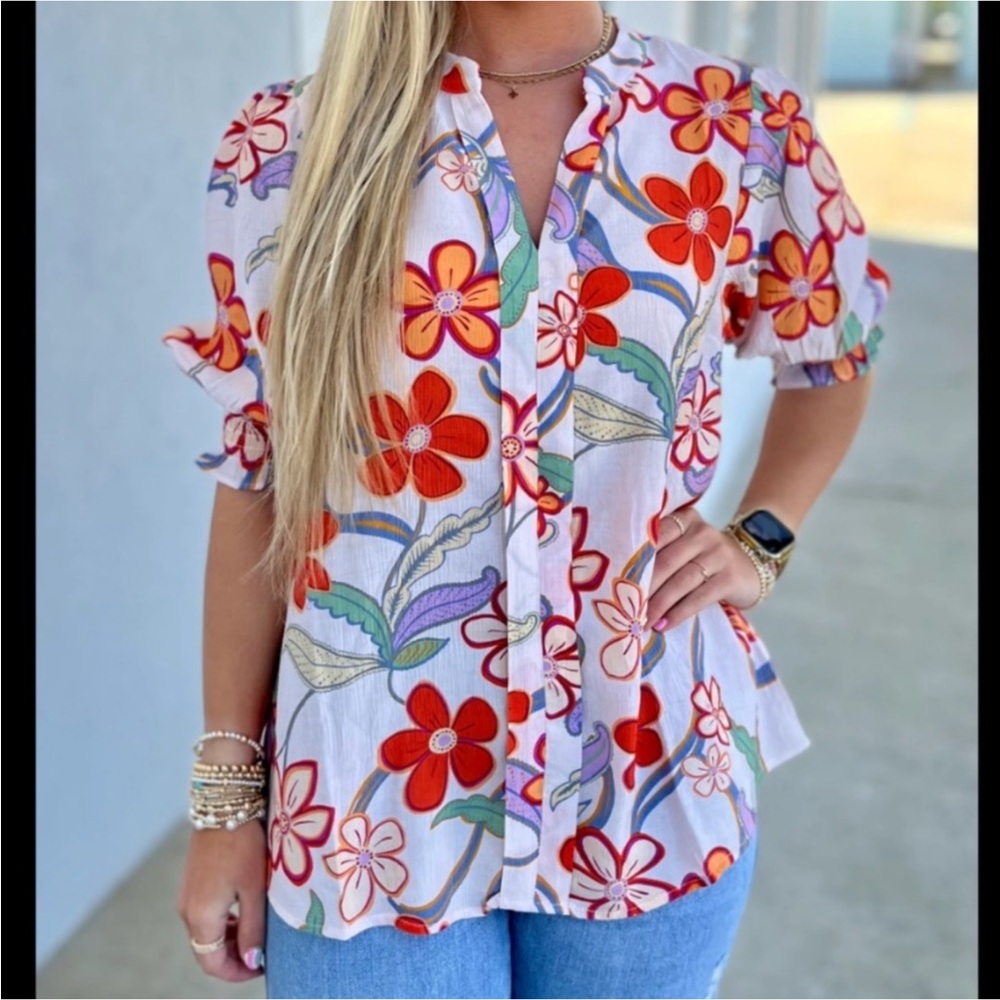 Easel White/Cream Floral Pleat Peach Blossom Puff Sleeve Blouse Women’s Large - Picture 2 of 7
